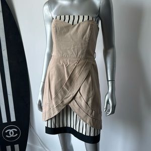 Khaki with cream and black stripe dress.
